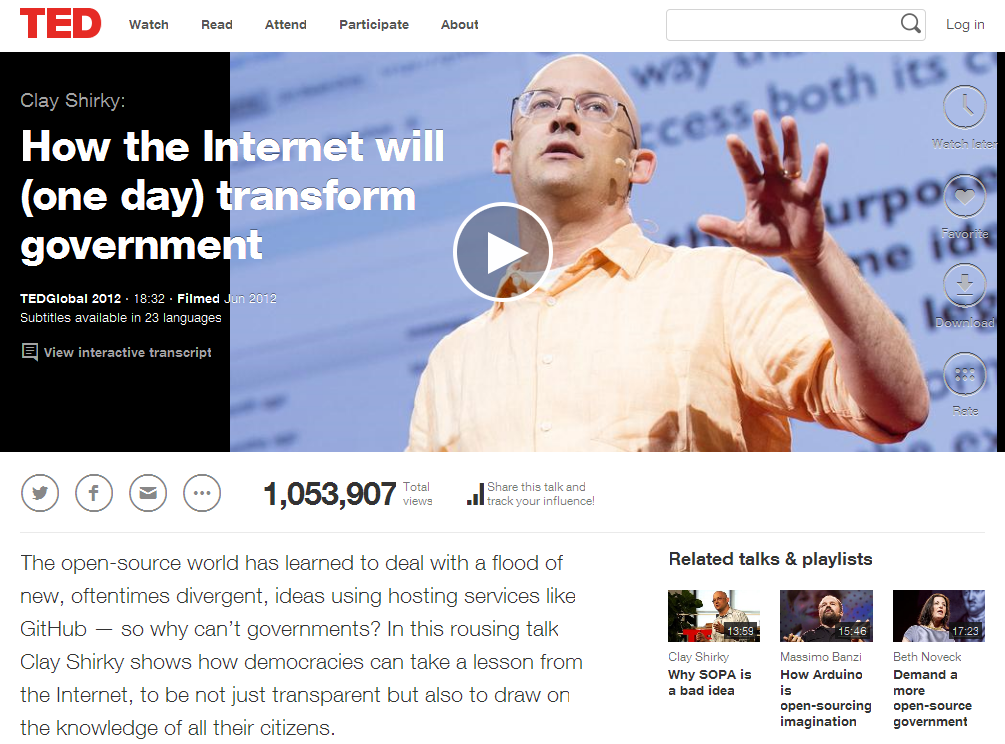 Clay Shirky- How the Internet will one day transform government - Talk Video - TED 1395719295526